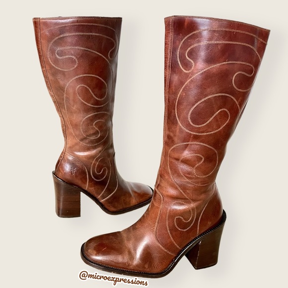 Frye Shoes - VINTAGE 1970S Frye Conrad Swirl Stitch Embroidered Cognac Brown Tall Knee Boots